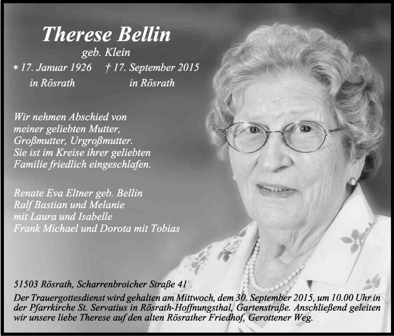  Traueranzeige für Therese Bellin vom 26.09.2015 aus Kölner Stadt-Anzeiger / Kölnische Rundschau / Express