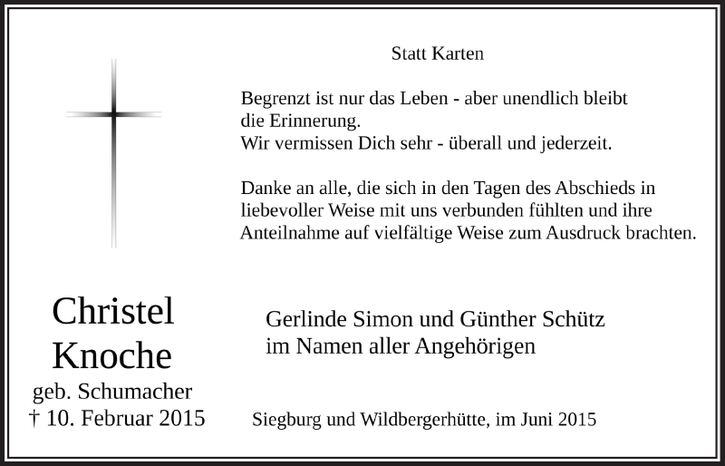  Traueranzeige für Christel Knoche vom 10.06.2015 aus  Lokalanzeiger 