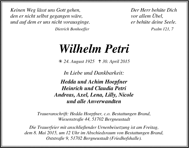  Traueranzeige für Wilhelm Petri vom 06.05.2015 aus  Anzeigen Echo 