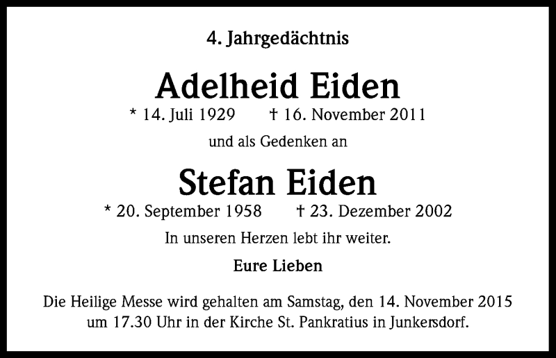  Traueranzeige für Adelheid Eiden vom 14.11.2015 aus Köln - Wir Trauern
