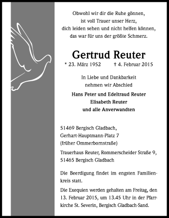 Anzeige von Gertrud Reuter von Kölner Stadt-Anzeiger / Kölnische Rundschau / Express