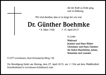 Anzeige von Günther Boehmke von Kölner Stadt-Anzeiger / Kölnische Rundschau / Express