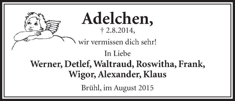 Traueranzeige für Adelchen  vom 05.08.2015 aus  Schlossbote/Werbekurier 