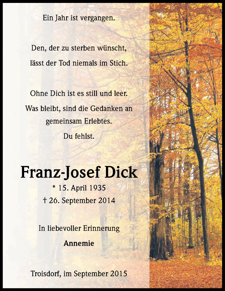  Traueranzeige für Franz-Josef Dick vom 26.09.2015 aus Kölner Stadt-Anzeiger / Kölnische Rundschau / Express