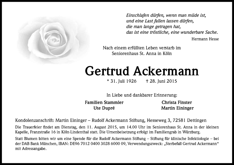  Traueranzeige für Gertrud Ackermann vom 01.08.2015 aus Kölner Stadt-Anzeiger / Kölnische Rundschau / Express