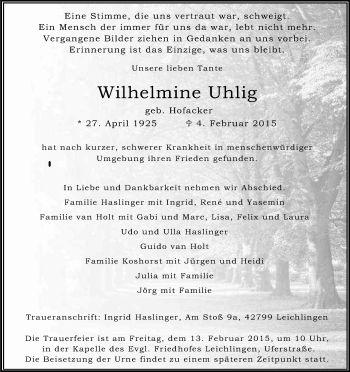 Anzeige von Wilhelmine Uhlig von Kölner Stadt-Anzeiger / Kölnische Rundschau / Express