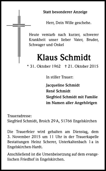 Anzeige von Klaus Schmidt von Kölner Stadt-Anzeiger / Kölnische Rundschau / Express