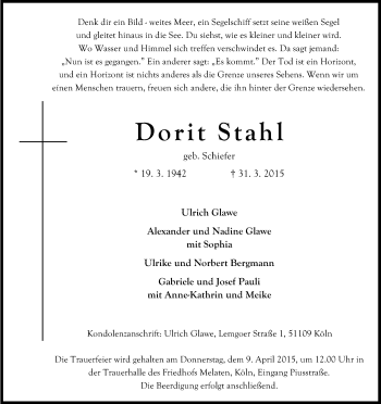 Anzeige von Dorit Stahl von Kölner Stadt-Anzeiger / Kölnische Rundschau / Express