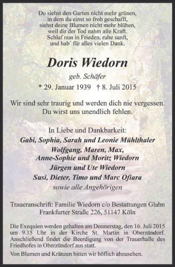 Anzeige von Doris Wiedorn von  Kölner Wochenspiegel 