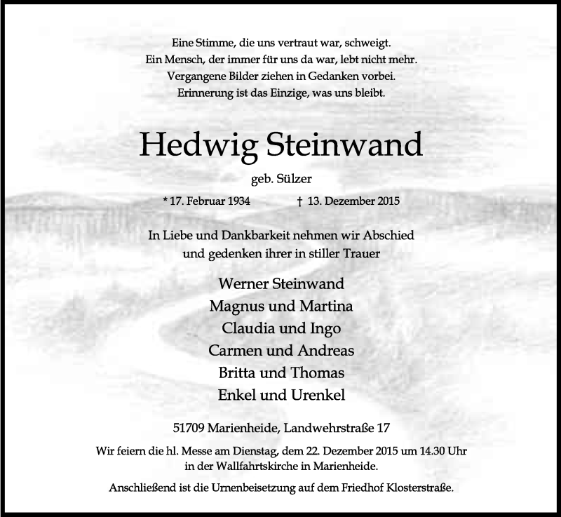  Traueranzeige für Hedwig Steinwand vom 17.12.2015 aus Kölner Stadt-Anzeiger / Kölnische Rundschau / Express