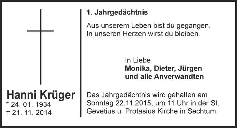  Traueranzeige für Hanni Krüger vom 18.11.2015 aus  Schaufenster/Blickpunkt 