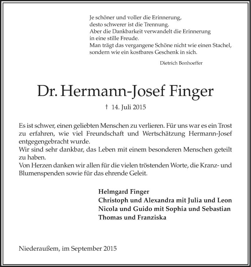  Traueranzeige für Hermann-Josef Finger vom 16.09.2015 aus Kölner Stadt-Anzeiger / Kölnische Rundschau / Express