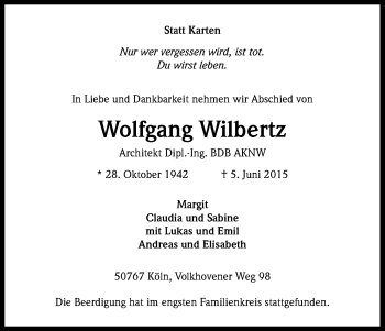 Anzeige von Wolfgang Wilbertz von Kölner Stadt-Anzeiger / Kölnische Rundschau / Express