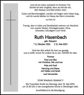 Anzeige von Ruth Hasenbach von Kölner Stadt-Anzeiger / Kölnische Rundschau / Express