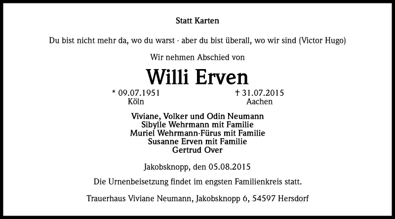  Traueranzeige für Willi Erven vom 08.08.2015 aus Kölner Stadt-Anzeiger / Kölnische Rundschau / Express
