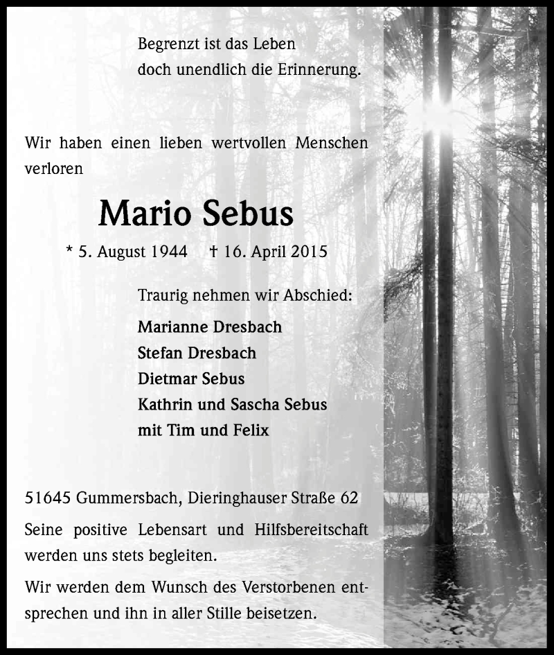  Traueranzeige für Mario Sebus vom 09.05.2015 aus Kölner Stadt-Anzeiger / Kölnische Rundschau / Express