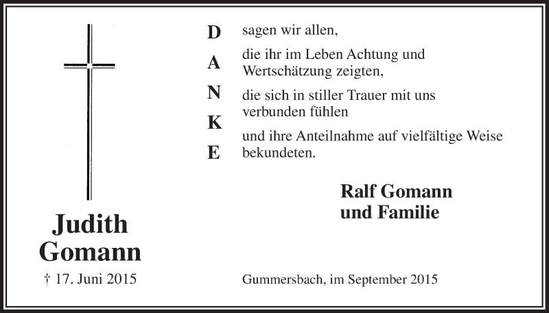  Traueranzeige für Judith Gomann vom 09.09.2015 aus  Anzeigen Echo 