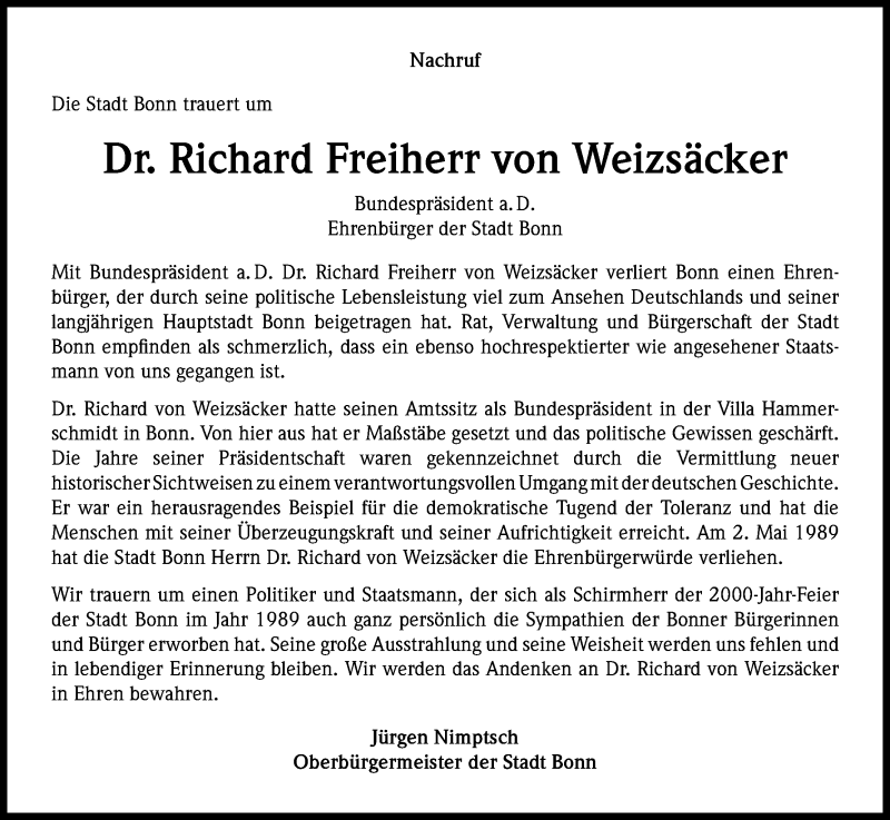  Traueranzeige für Richard von Weizsäcker vom 04.02.2015 aus Kölner Stadt-Anzeiger / Kölnische Rundschau / Express