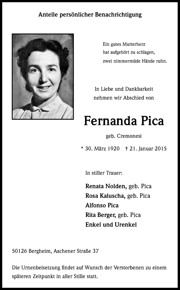  Traueranzeige für Fernanda Pica vom 24.01.2015 aus Kölner Stadt-Anzeiger / Kölnische Rundschau / Express