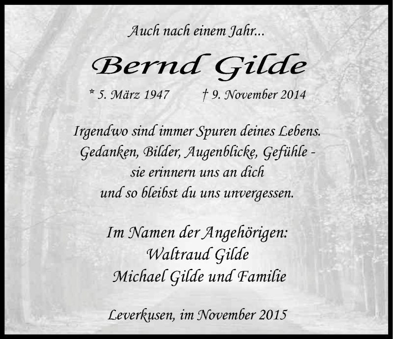  Traueranzeige für Bernd Gilde vom 07.11.2015 aus Kölner Stadt-Anzeiger / Kölnische Rundschau / Express