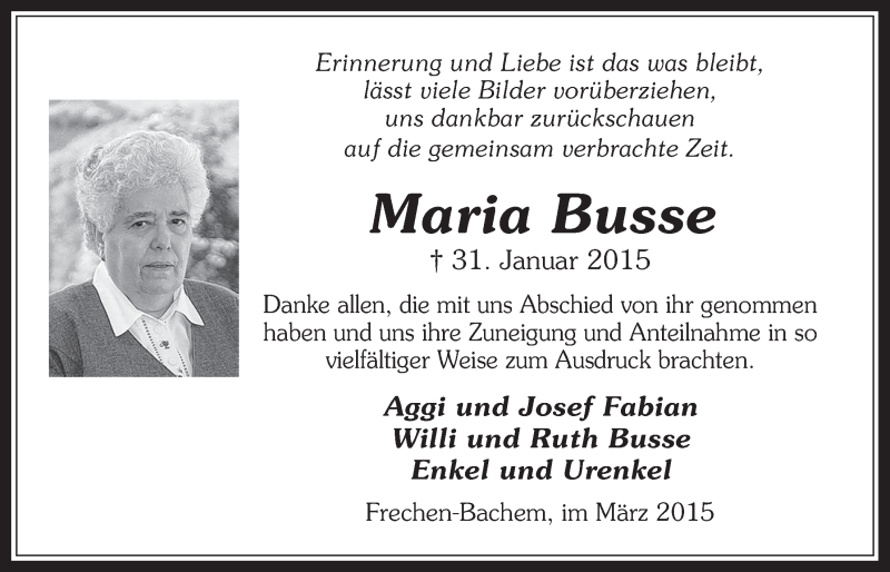  Traueranzeige für Maria Busse vom 11.03.2015 aus  Wochenende 