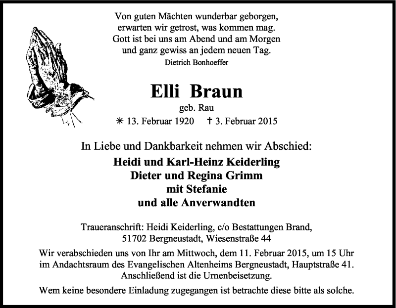  Traueranzeige für Elli Braun vom 07.02.2015 aus Kölner Stadt-Anzeiger / Kölnische Rundschau / Express