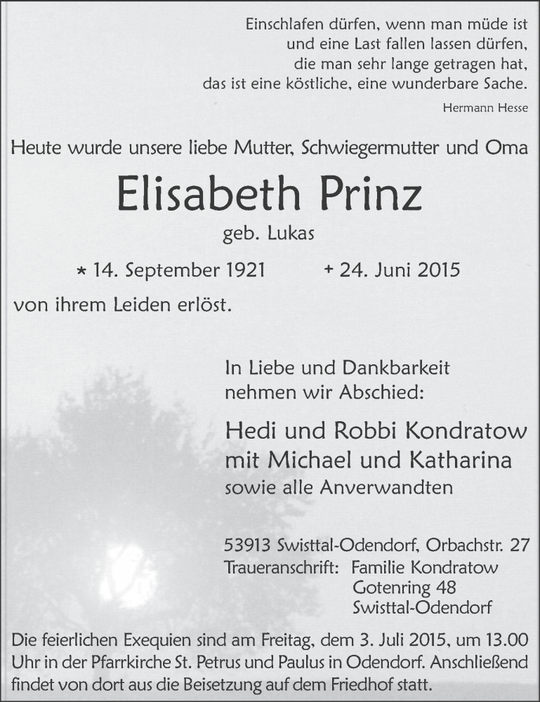  Traueranzeige für Elisabeth Prinz vom 01.07.2015 aus  Schaufenster/Blickpunkt 