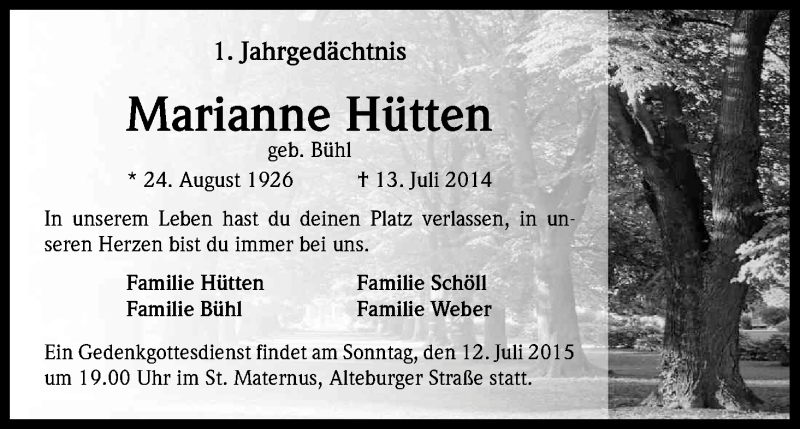  Traueranzeige für Marianne Hütten vom 11.07.2015 aus Kölner Stadt-Anzeiger / Kölnische Rundschau / Express