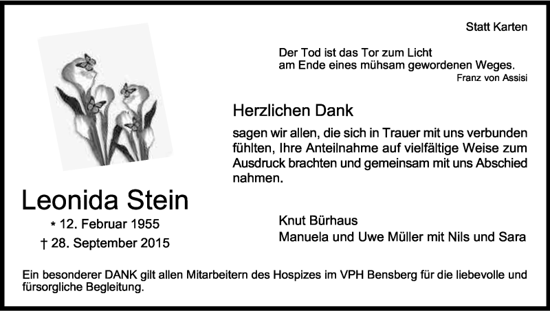 Traueranzeige für Leonida Stein vom 02.11.2015 aus Kölner Stadt-Anzeiger / Kölnische Rundschau / Express