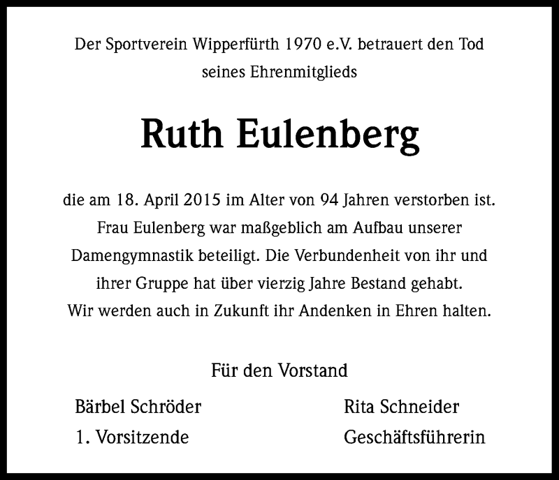  Traueranzeige für Ruth Eulenberg vom 24.04.2015 aus Kölner Stadt-Anzeiger / Kölnische Rundschau / Express