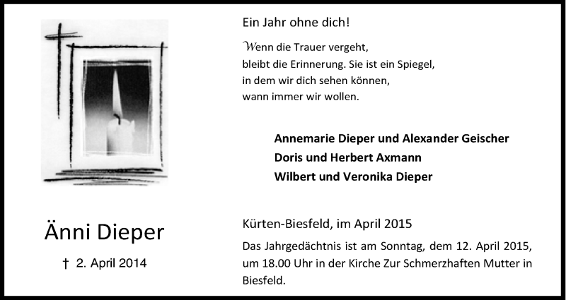  Traueranzeige für Änni Dieper vom 04.04.2015 aus Kölner Stadt-Anzeiger / Kölnische Rundschau / Express