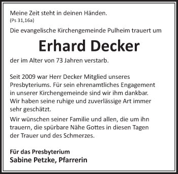 Anzeige von Erhard Decker von  Sonntags-Post 