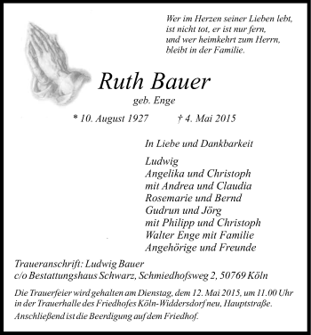 Anzeige von Ruth Bauer von Kölner Stadt-Anzeiger / Kölnische Rundschau / Express