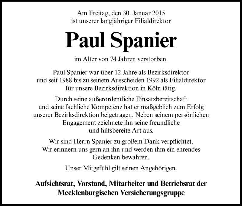  Traueranzeige für Paul Spanier vom 07.02.2015 aus Kölner Stadt-Anzeiger / Kölnische Rundschau / Express
