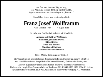 Anzeige von Franz Josef Wolfframm von Kölner Stadt-Anzeiger / Kölnische Rundschau / Express
