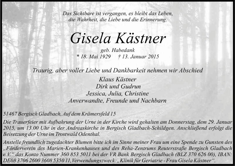  Traueranzeige für Gisela Kästner vom 24.01.2015 aus Kölner Stadt-Anzeiger / Kölnische Rundschau / Express