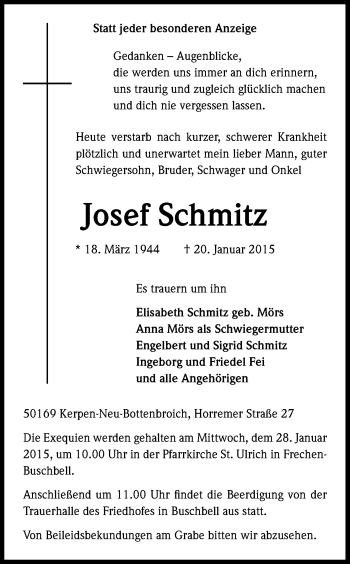 Anzeige von Josef Schmitz von Kölner Stadt-Anzeiger / Kölnische Rundschau / Express