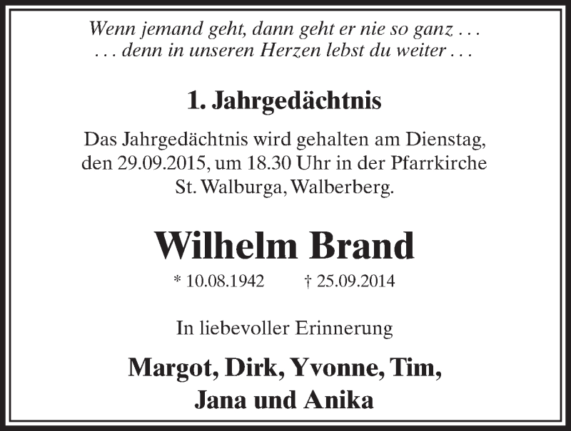  Traueranzeige für Wilhelm Brand vom 23.09.2015 aus  Schlossbote/Werbekurier 