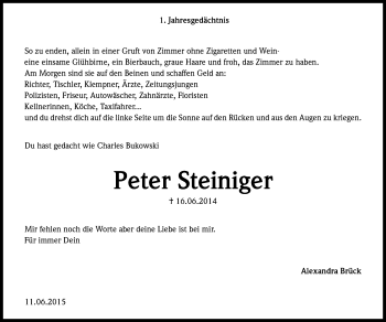 Anzeige von Peter Steiniger von Kölner Stadt-Anzeiger / Kölnische Rundschau / Express