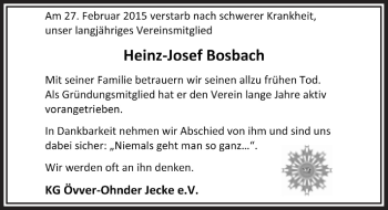 Anzeige von Heinz-Josef Bosbach von  Bergisches Sonntagsblatt 