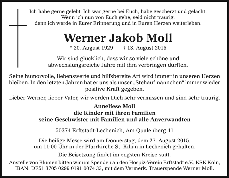  Traueranzeige für Werner Moll vom 22.08.2015 aus Kölner Stadt-Anzeiger / Kölnische Rundschau / Express