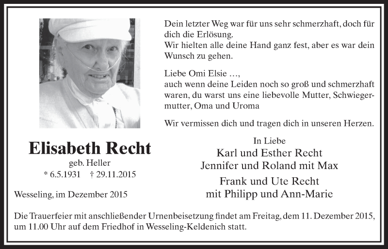  Traueranzeige für Elisabeth Recht vom 09.12.2015 aus  Schlossbote/Werbekurier 
