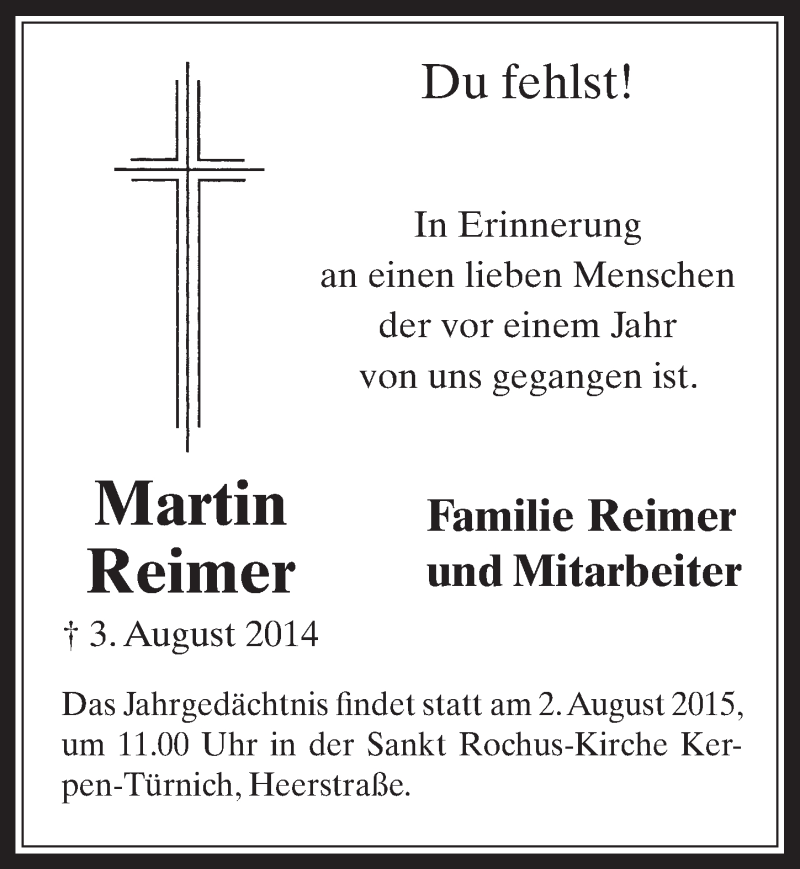  Traueranzeige für Martin Reimer vom 29.07.2015 aus  Werbepost 