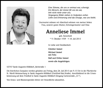 Anzeige von Anneliese Immel von Kölner Stadt-Anzeiger / Kölnische Rundschau / Express