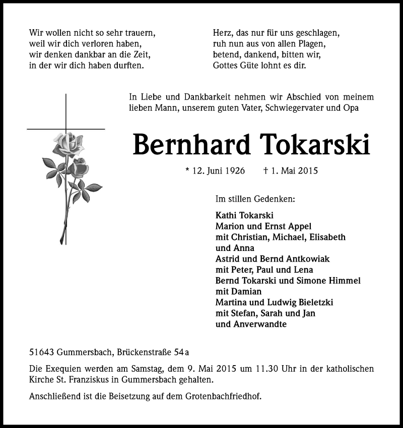  Traueranzeige für Bernhard Tokarski vom 05.05.2015 aus Kölner Stadt-Anzeiger / Kölnische Rundschau / Express