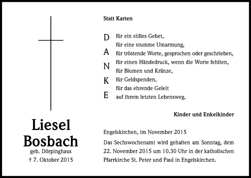  Traueranzeige für Liesel Bosbach vom 14.11.2015 aus Köln - Wir Trauern