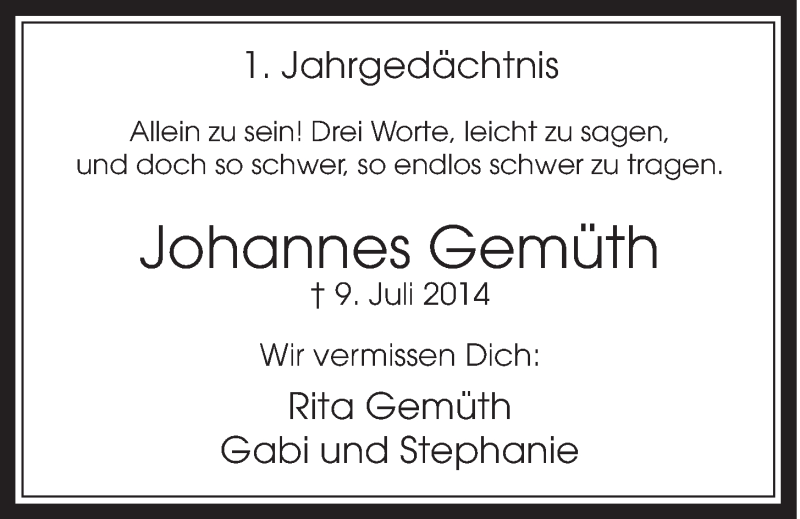  Traueranzeige für Johannes Gemüth vom 08.07.2015 aus  Schaufenster/Blickpunkt 