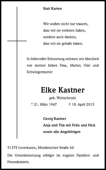 Anzeige von Elke Kastner von Kölner Stadt-Anzeiger / Kölnische Rundschau / Express