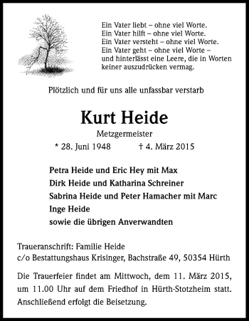 Anzeige von Kurt Heide von Kölner Stadt-Anzeiger / Kölnische Rundschau / Express