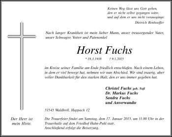 Anzeige von Horst Fuchs von Kölner Stadt-Anzeiger / Kölnische Rundschau / Express